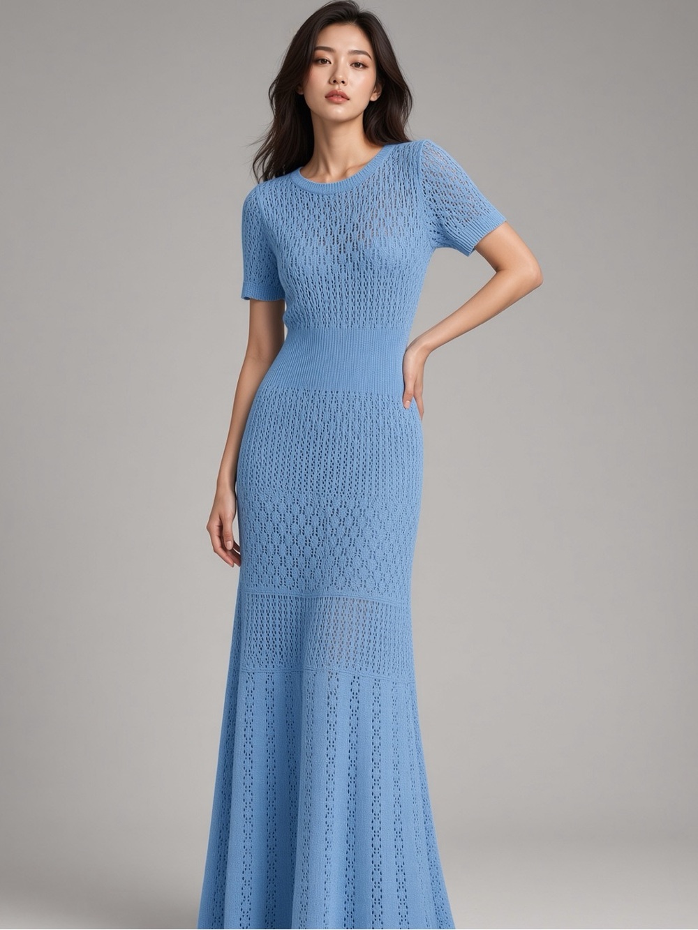 Light Blue Crochet Knit Cotton Blend Maxi Dress – Size S